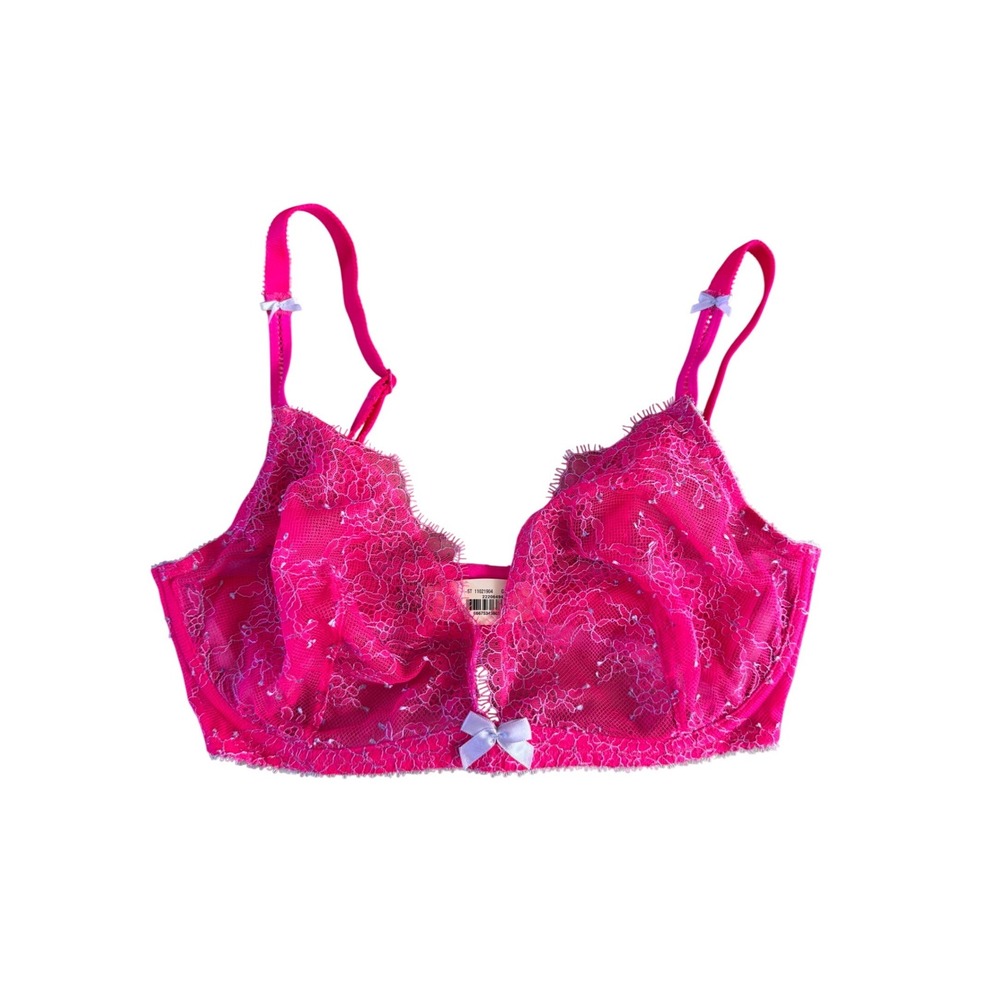 Victoria's Secret Very Sexy Unlined Plunge Bra Neon Pink Lace 34DD 11021904